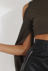 Khaki Cold Shoulder Split Sleeve Crop Top - Opal-Crop Tops