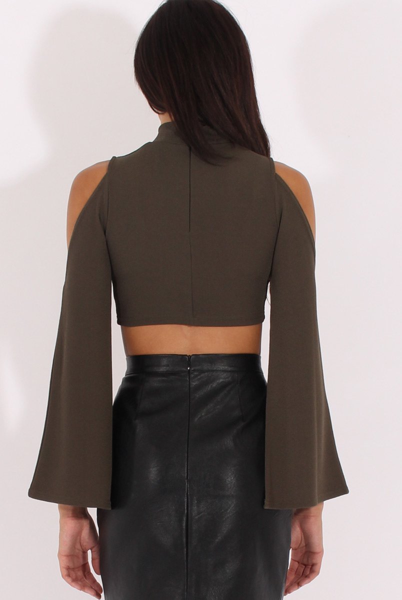 Khaki Cold Shoulder Split Sleeve Crop Top - Opal-Crop Tops