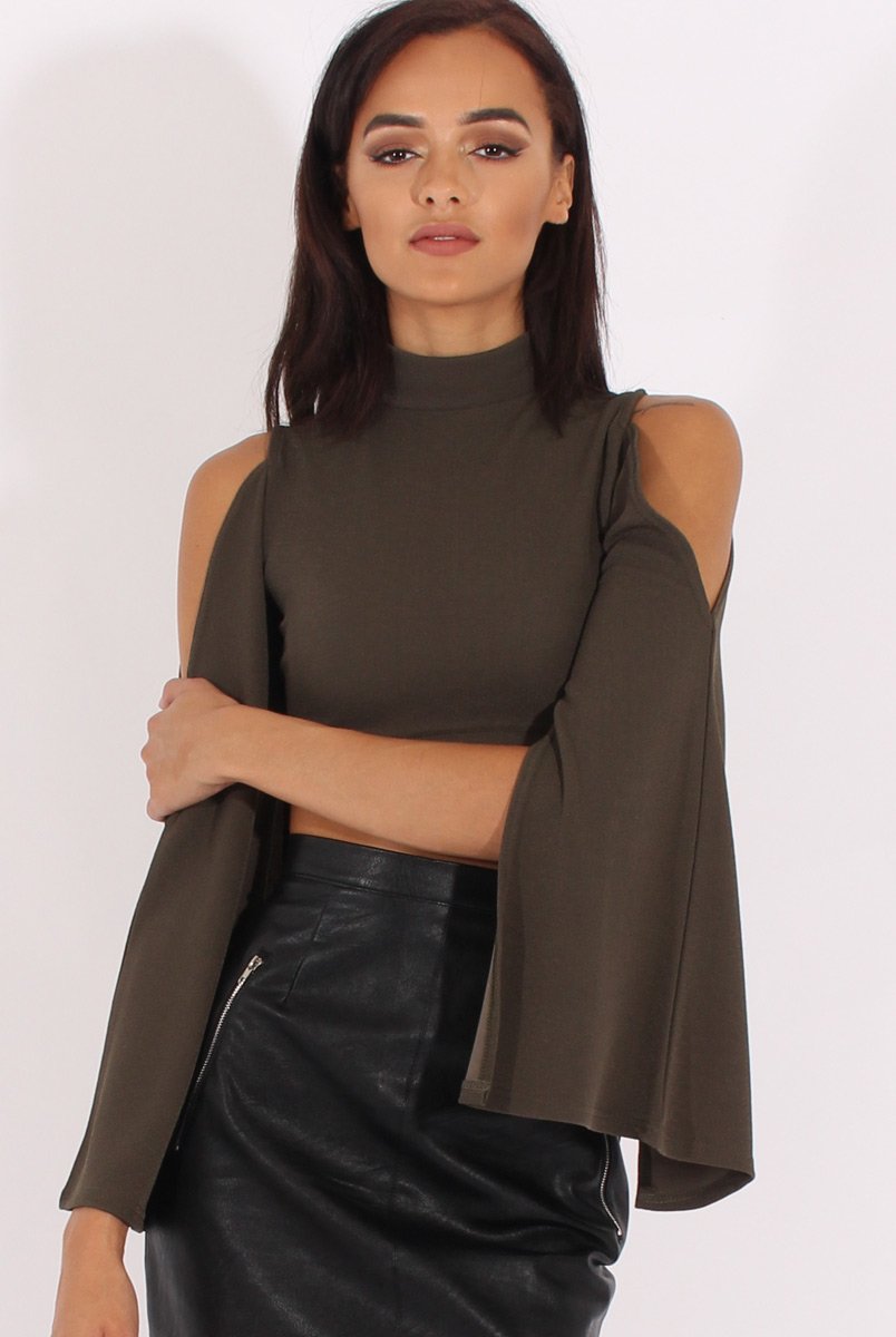 Khaki Cold Shoulder Split Sleeve Crop Top - Opal-Crop Tops