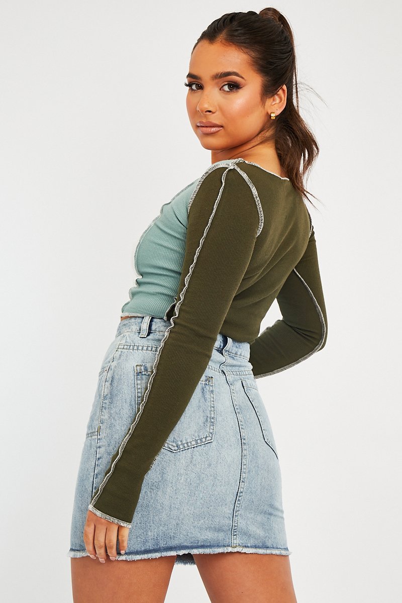 Khaki Colour Block Lace Up Front Crop Top - Bella-Crop Tops