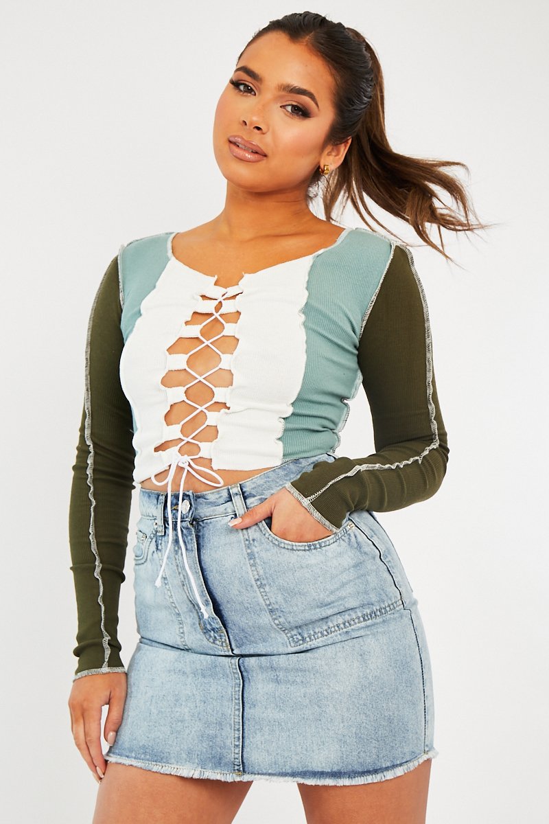 Khaki Colour Block Lace Up Front Crop Top - Bella-Crop Tops