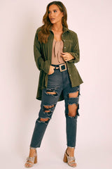Khaki Corduroy Button Front Oversized Shirt - Kyrah-Shirts
