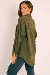 Khaki Corduroy Button Front Oversized Shirt - Kyrah-Shirts