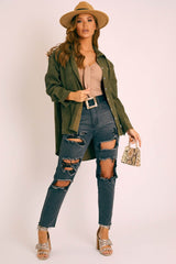 Khaki Corduroy Button Front Oversized Shirt - Kyrah-Shirts