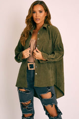 Khaki Corduroy Button Front Oversized Shirt - Kyrah-Shirts