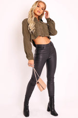 Khaki Corduroy Utility Pocket Cropped Shirt - Eliora-Shirts