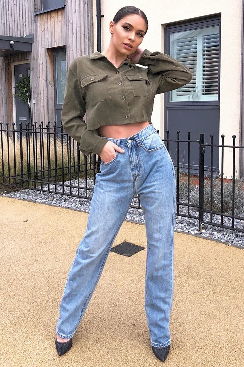 Khaki Corduroy Utility Pocket Cropped Shirt - Eliora-Shirts