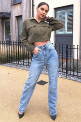 Khaki Corduroy Utility Pocket Cropped Shirt - Eliora-Shirts