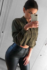 Khaki Corduroy Utility Pocket Cropped Shirt - Eliora-Shirts