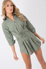 Khaki Corset Front Shirt Dress - Malika-Shirts