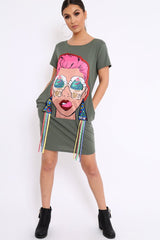 Khaki Crew Neck Girls Face T-shirt Dress with Tassels - Sway-Dresses