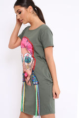 Khaki Crew Neck Girls Face T-shirt Dress with Tassels - Sway-Dresses