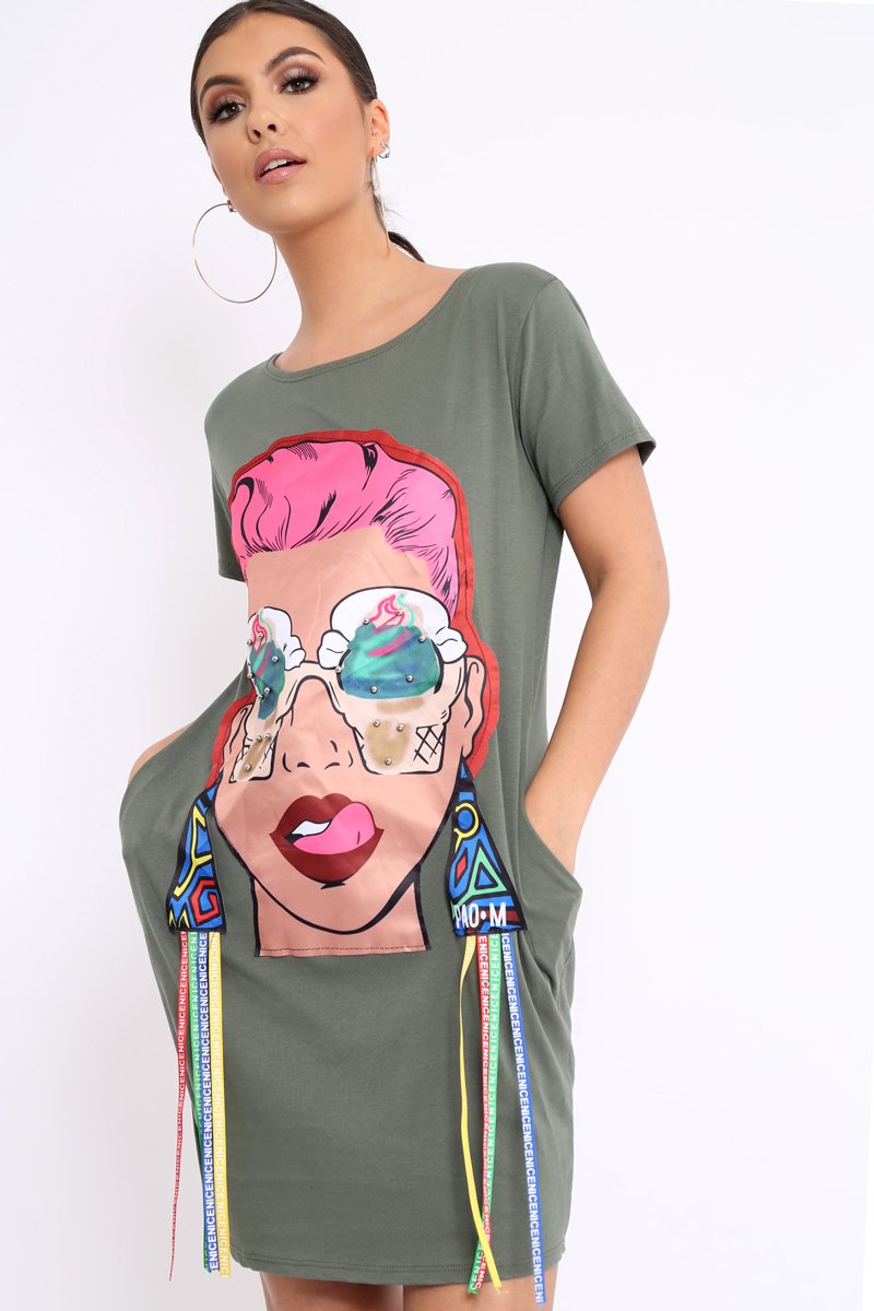 Khaki Crew Neck Girls Face T-shirt Dress with Tassels - Sway-Dresses
