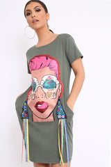 Khaki Crew Neck Girls Face T-shirt Dress with Tassels - Sway-Dresses