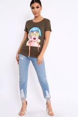Khaki Crew Neck Girls Face T-shirt with Tassels - Leacy-Tops