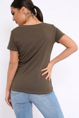 Khaki Crew Neck Girls Face T-shirt with Tassels - Leacy-Tops