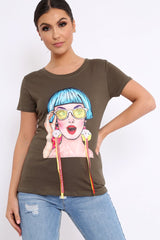 Khaki Crew Neck Girls Face T-shirt with Tassels - Leacy-Tops