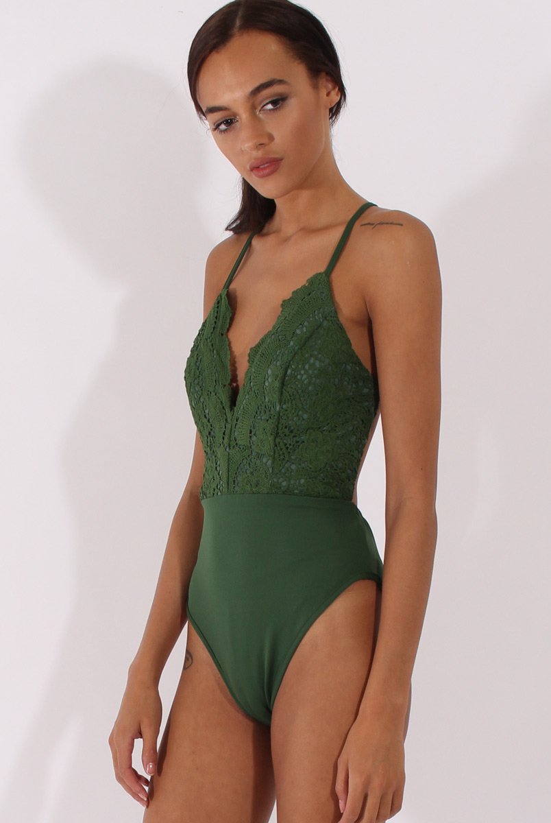 Khaki Crochet Cross Back Bodysuit - Crecia-Bodysuits
