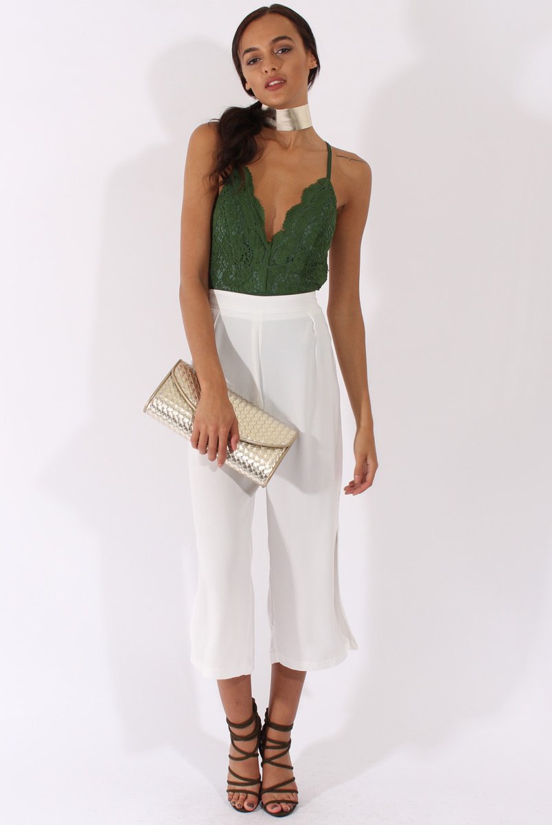 Khaki Crochet Cross Back Bodysuit - Crecia-Bodysuits