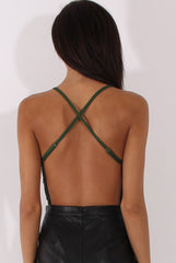 Khaki Crochet Cross Back Bodysuit - Crecia-Bodysuits