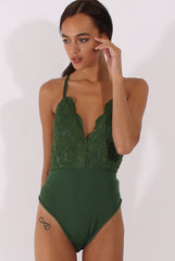 Khaki Crochet Cross Back Bodysuit - Crecia-Bodysuits