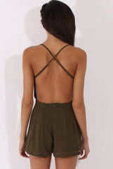 Khaki Crochet Cross Back Playsuit - Quinn-Playsuits