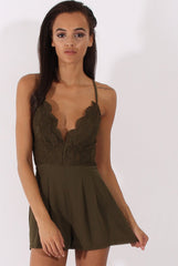 Khaki Crochet Cross Back Playsuit - Quinn-Playsuits