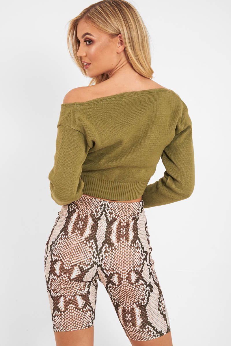 Khaki Crop V Neck Knit Jumper - Rozella-Crop Jumper