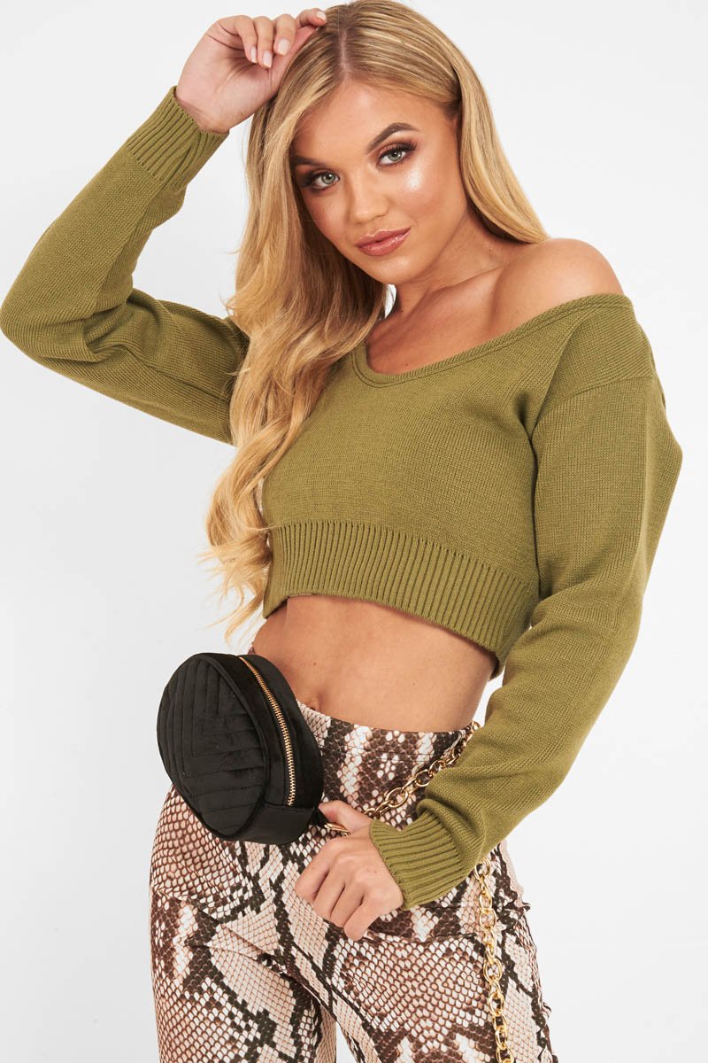 Khaki Crop V Neck Knit Jumper - Rozella-Crop Jumper