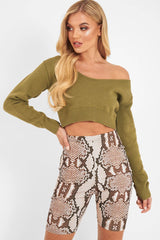 Khaki Crop V Neck Knit Jumper - Rozella-Crop Jumper