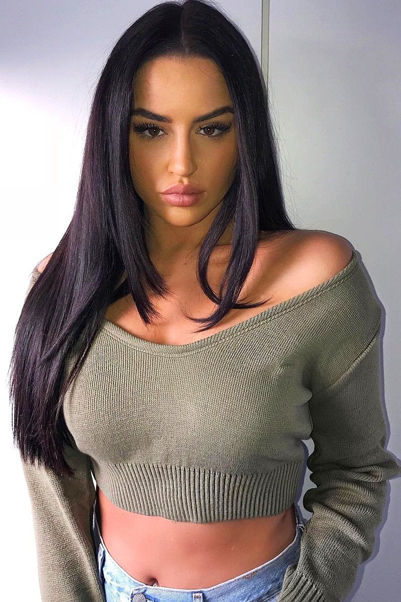 Khaki Crop V Neck Knit Jumper - Rozella-Crop Jumper