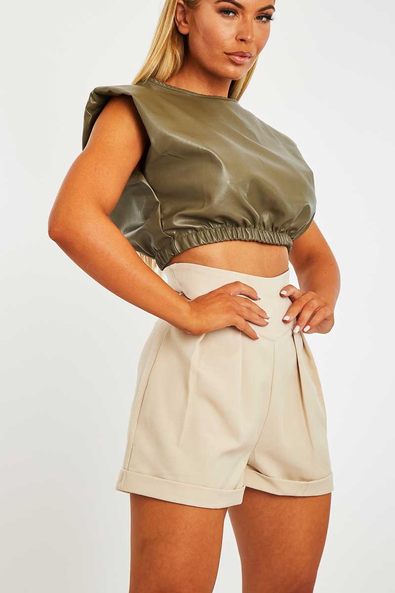 Khaki Cropped Faux Leather Shoulder Pad Top - Kirrah-Tops