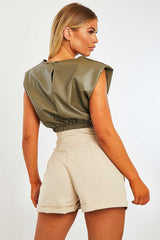 Khaki Cropped Faux Leather Shoulder Pad Top - Kirrah-Tops