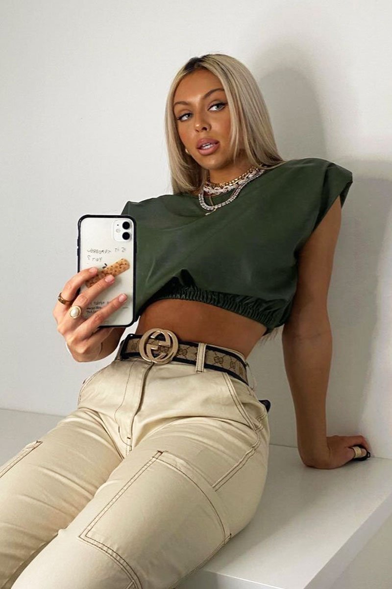 Khaki Cropped Faux Leather Shoulder Pad Top - Kirrah-Tops