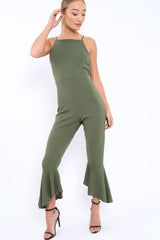 Khaki Cropped Frill Hem Jumpsuit - Sadey-Jumpsuits