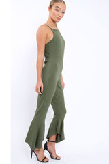 Khaki Cropped Frill Hem Jumpsuit - Sadey-Jumpsuits
