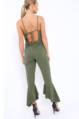 Khaki Cropped Frill Hem Jumpsuit - Sadey-Jumpsuits
