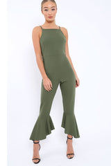 Khaki Cropped Frill Hem Jumpsuit - Sadey-Jumpsuits