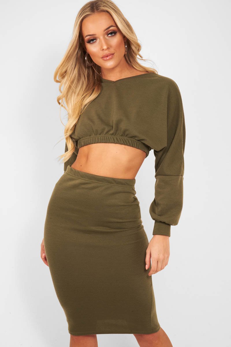 Khaki Cropped Jumper and Skirt Co-ord - Heidi-Co-ords