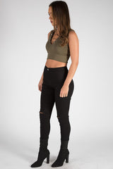 Khaki Cropped Ribbed Lace Up Top - Amelia-Tops