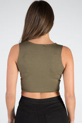 Khaki Cropped Ribbed Lace Up Top - Amelia-Tops