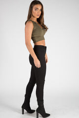 Khaki Cropped Ribbed Lace Up Top - Amelia-Tops