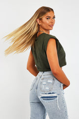 Khaki Cropped Shoulder Pad T-shirt - Ivani-T-shirt