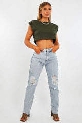 Khaki Cropped Shoulder Pad T-shirt - Ivani-T-shirt