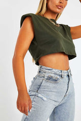 Khaki Cropped Shoulder Pad T-shirt - Ivani-T-shirt