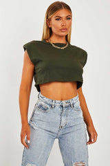 Khaki Cropped Shoulder Pad T-shirt - Ivani-T-shirt