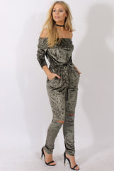 Khaki Crushed Velvet Bardot Split Knee Jumpsuit - Binky-Jumpsuits