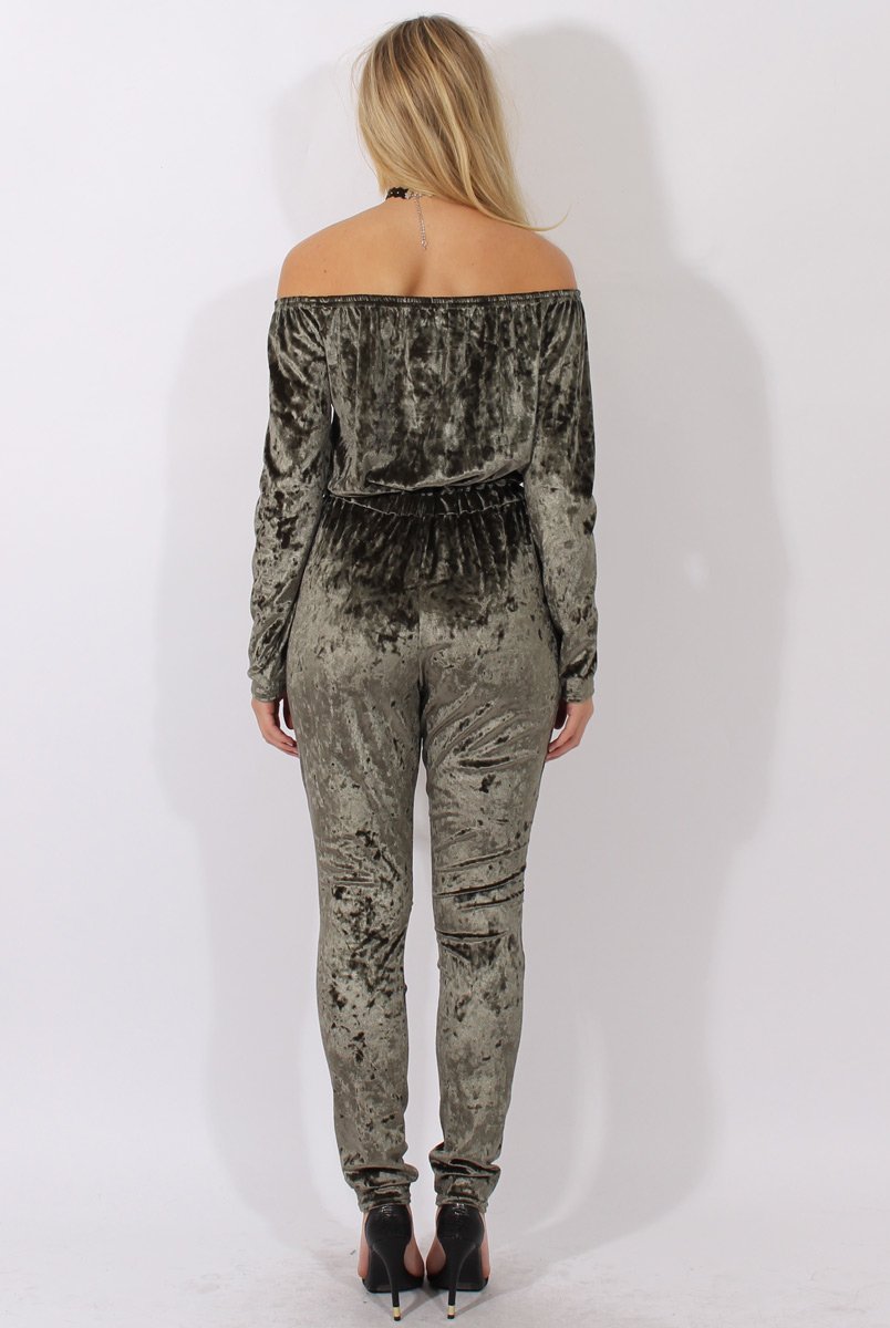 Khaki Crushed Velvet Bardot Split Knee Jumpsuit - Binky-Jumpsuits