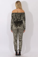 Khaki Crushed Velvet Bardot Split Knee Jumpsuit - Binky-Jumpsuits