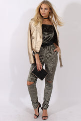 Khaki Crushed Velvet Bardot Split Knee Jumpsuit - Binky-Jumpsuits